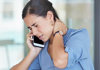 Image showing Neck pain, smartphone and business woman on telehealth phone call for advice on fatigue, burnout and healthcare in office workplace. Sad, muscle pain or tired corporate employee talking on cellphone