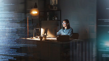 Image showing Business woman, computer or coding in night office for digital marketing web design, 3d database programming or digital transformation. Programmer, cyber security worker or futuristic code technology