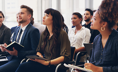 Image showing Business people, audience and workshop training or conference meeting in marketing or sales at the office. Group of employee workers or team in seminar for business strategy or coaching at workplace