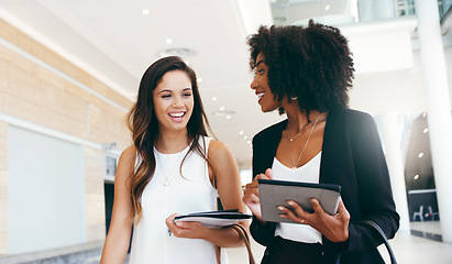 Image showing Collaboration, planning and tablet with business women for partnership, review and communication. Teamwork, diversity and global with employee in office building for management, strategy and vision