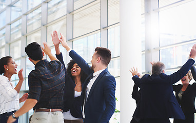 Image showing Success, support and winner with business people and high five in office for deal, celebration or global achievement. Teamwork, partnership and contract with employee for goal, sales or target growth