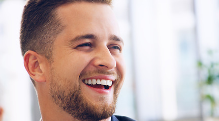 Image showing Happy, laughing and businessman in office with goal, vision and mission against a mockup background. Smile, face and manager enjoy new job, career and work space in corporate office building