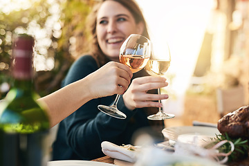 Image showing Wine, cheers and friends with a wine glass to toast at a party, event or celebration in nature. Happiness, holiday and people with a glass of a luxury alcohol drink or champagne to celebrate together