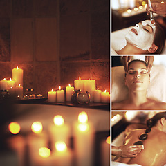 Image showing Composite, massage and spa with a woman in series enjoying a relax or treatment in a beauty center. Facial, hot stone and therapy with a collage of a female customer in a wellness facility alone