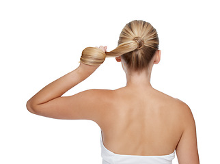 Image showing Wellness, healthy and back view of woman with natural hair growth, beauty routine or mockup studio background. Spa hairstyle transformation, balayage shine and model with clean shampoo hair care
