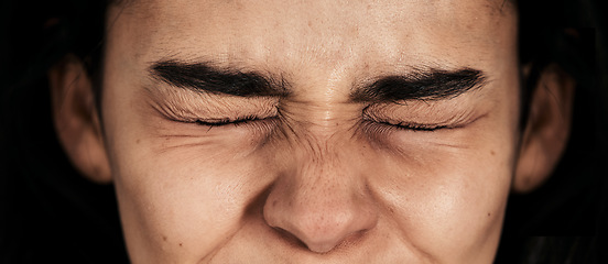 Image showing Stress, fear and woman in studio for mental health problem, phobia and anxiety on black background. Eyes, closed and girl in dark room with depression, abuse and psychology, schizophrenia and worry