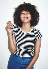 Image showing Student, gen z and portrait of natural black woman enjoying youth, happiness and confidence. Young, happy and smile of beautiful college girl with afro hair on white background in studio.