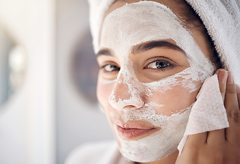 Image showing Beauty, facial and face mask on woman doing spa treatment at home with skincare, cosmetics and dermatology product. Portrait of female doing self care cleaning skin for health and wellness in house