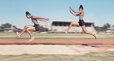 Image showing Time lapse, long jump and woman running, jumping and cross in sand pit for fitness, training and exercise. Sequence, jump and black woman leap, fit and workout, energy and sports practice at stadium