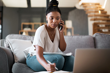 Image showing Woman, call and laptop budget planning conversation with online financial consultant to help with taxes on living room sofa. Black woman, work from home and remote internet fintech banking consulting