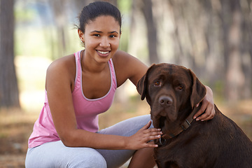 Image showing Woman, dog or bonding in nature fitness, workout or training in countryside woods, Brazilian garden park or forest trail. Runner portrait, happy smile or pet labrador retriever in wellness exercise