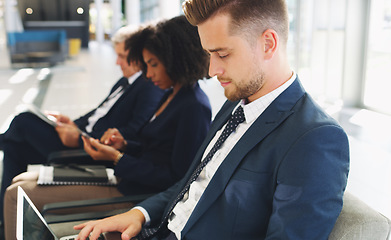 Image showing Laptop, hiring and businessman in line for a job interview in corporate global startup company in an office building. Recruitment, diversity and business people waiting for a meeting with management