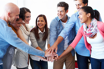 Image showing Partnership, hands and business people collaboration in trust huddle for meeting, vision and planning. Diversity, teamwork and hand connection in support of mission, idea and goal by happy workforce