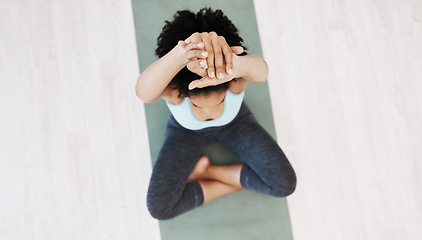 Image showing Meditation, fitness and yoga stretching for health, wellness and healthy body, mind and spirit on floor from top view. Calm woman start with pilates, workout and training with balance and exercise