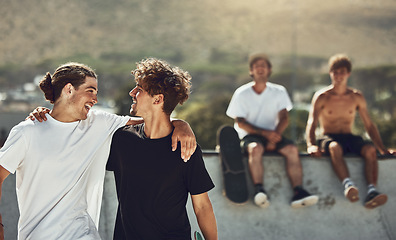 Image showing Skating, park and friends bonding in the city at an outdoor ramp for exercise, adventure and fun. Fitness, freedom and men chilling together at a urban town skatepark while on a vacation in Canada.