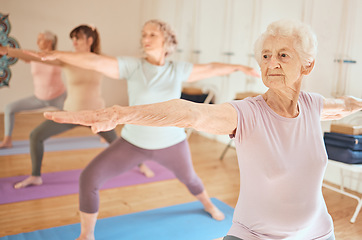 Image showing Exercise, yoga and group of senior women in gym training for fitness, healthcare and wellness. Pilates, meditation and retired females stretching arms in fitness center for balance workout together.