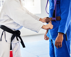 Image showing Belt, student and coach at karate training ready while learning, fitness and motivation in a class. Cardio, health and taekwondo teacher helping a man prepare for martial arts fight at a club