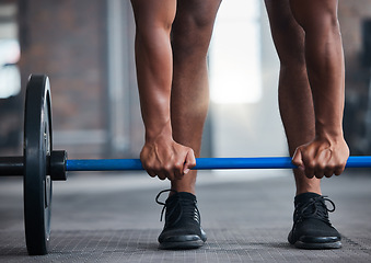 Image showing Barbell, fitness and strong man hands or bodybuilder in gym for muscle wellness, training challenge and workout. Sports, energy and power of an athlete body builder with exercise equipment on floor