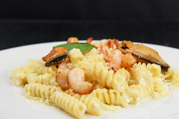 Image showing Seafood Pasta with mussels salmon and shrimps