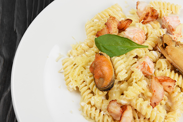 Image showing Seafood Pasta with mussels salmon and shrimps