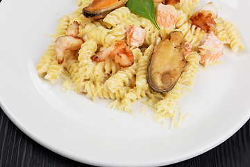 Image showing Seafood Pasta with mussels salmon and shrimps