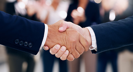 Image showing Business people, shaking hands and corporate partnership, meeting and networking agreement, hiring deal and goals, welcome and success. Handshake, thank you and teamwork support, trust and contract