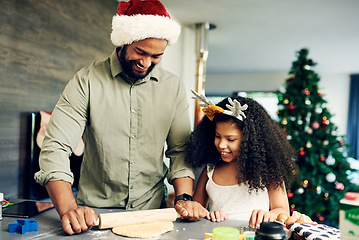 Image showing Bonding father, girl or Christmas baking rolling pin in house or home kitchen for festive breakfast, holiday dessert or celebration pie. Smile, happy or xmas man and cooking child with cookies pastry