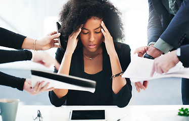 Image showing Black woman, headache or stress with office documents for attorney issue with chaos of people. Lawyer, stressed or sick at workplace desk from burnout, anxiety and corporate career challenge.