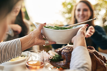 Image showing Family hands, thanksgiving food and green beans salad in holiday celebration, social lunch or dinner gathering in house, home or restaurant. Zoom, woman or festive friends sharing vegetables and meat