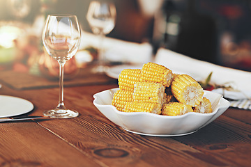 Image showing Background, corn and maize, dinner table and lunch party, celebration and eating in christmas, thanksgiving and festive holidays. Food and drink, healthy grain vegetables and meal on table setting