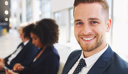 Image showing Businessman, portrait and meeting with team for business stratergy collaboration, interracial teamwork and collaboration in office. Diversity, happy man face and smile for corporate goal motivation