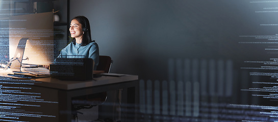 Image showing Office woman, digital overlay and night with computer, it vision or cyber security mockup. Cyber programmer, happy worker or big data expert in web coding workspace for information technology in dark