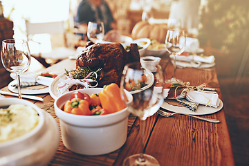 Image showing Table, turkey and meat food for thanksgiving, Christmas and family lunch, dinner party and home celebration in dining room. Background, feast and roasted chicken dish, eating meal and holiday event