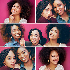 Image showing Collage, black women and friends on pink wall for beauty, happiness and afro, braids and natural hair for cosmetic, makeup and haircare portrait. Face of females together for hairstyle inspiration