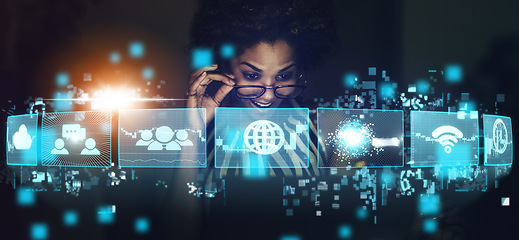 Image showing Woman, networking and ai technology hologram of virtual icons for business or social communication at night. Excited female using big data, futuristic UI and UX for internet connections at the office