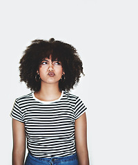 Image showing Question, thinking and confused black woman with doubt, stress or thoughtful idea on youth issue. Confusion, problem or dilemma of young afro girl contemplating in white studio advertising mockup.