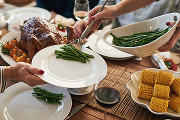 Image showing Hands, food and family at a table for thanksgiving, eating and bond on vacation, sharing a meal in their home together. Hand, vegetable and host serving woman during lunch, feast and gathering