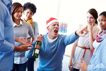 Image showing Bad, office and party with business team looking uncomfortable by colleague drunk behaviour in office. Business people, judging and confused by alcoholic employee being silly at their work event