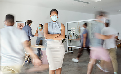 Image showing Covid, busy office and business woman in portrait for policy, compliance and risk management with startup productivity. Health, safety staff and Human Resources black woman in corona virus face mask