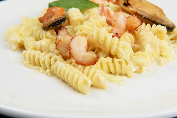 Image showing Seafood Pasta with mussels salmon and shrimps