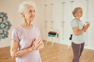 Image showing Yoga, zen and mindfulness with elderly women and meditate, peace and balance for wellness and exercise. Spiritual, positive energy in fitness studio with meditation class for body health and vitality