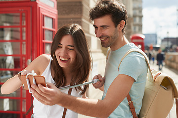 Image showing Travel, selfie and couple in London city on smartphone, social media, networking and influencer lifestyle update. Blog digital friends in Big Ben using phone, live streaming uk vacation trip together