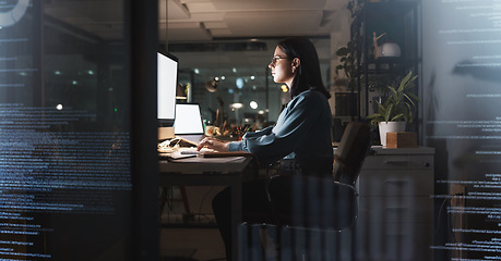 Image showing Office woman and night coding with futuristic overlay for cyber security, programming and work. Programmer, code and overtime employee working with mockup computer and laptop screen at desk.