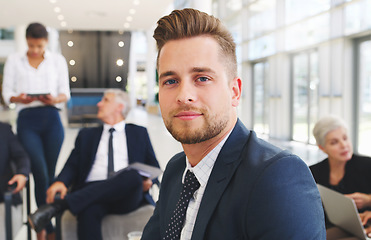 Image showing Businessman, meeting and portrait with team planning, teamwork and leadership in management, collaboration and workshop. Business people, face and staff talking strategy, vision and goal in office