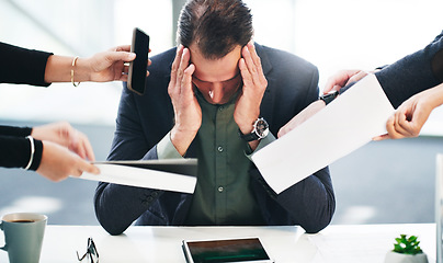 Image showing Anxiety, stress or burnout of management in office at bank with schedule conflict, fail or mistake. Tired, challenge or exhausted bank manager at corporate desk overwhelmed with work overload.