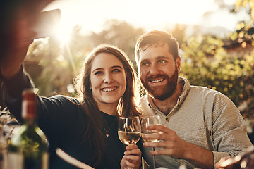 Image showing Phone selfie, wine toast and couple on romantic love date for marriage anniversary, outdoor freedom or peace. Picture flare, fine dining and wine tasting man and woman bonding at vineyard restaurant