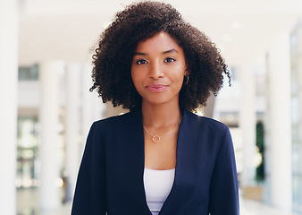 Image showing Business, black woman and portrait of a corporate office manager with company vision. Young woman employee face serious about executive leadership growth and lawyer work with law firm management