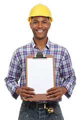Image showing Studio portrait of black man in construction with mockup space for brand, advertising or marketing checklist. Product placement, handyman or happy worker ready for property inspection on clipboard