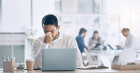 Image showing Headache, stress and laptop with a business man at work in his office while suffering from fatigue. Computer, compliance and burnout with a male employee suffering with a bad fail while working