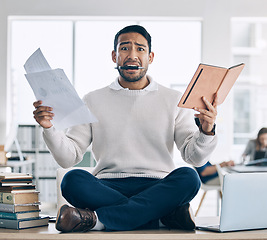 Image showing Businessman, tablet and paperwork with stress and anxiety in the workplace. Overwhelmed at work, overworked and multitasking issue, technology and charts with graphs, worker burnout portrait.